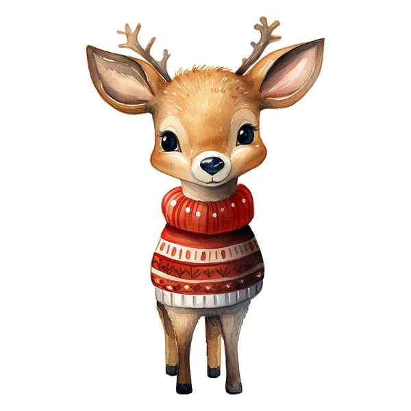Disegno Acquerello Simpatico Cervo Maglione Rosso Natale Carattere Sul Tema — Foto Stock