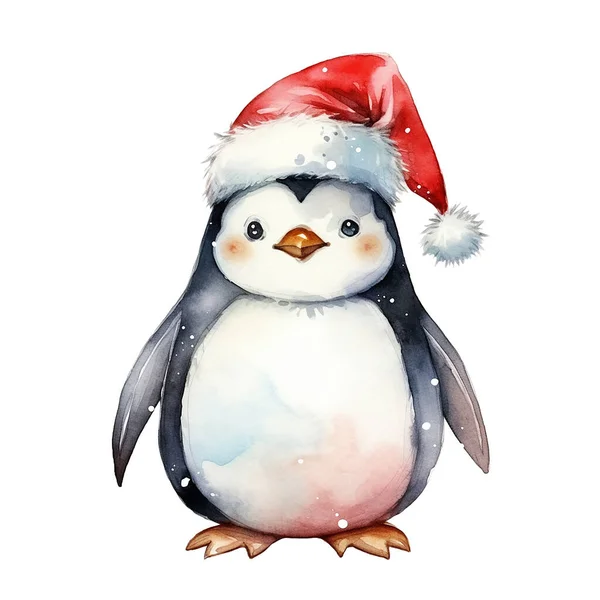 水彩画 可爱的企鹅字符在圣诞帽子 孩子们的新年图解 圣诞节 — 图库照片