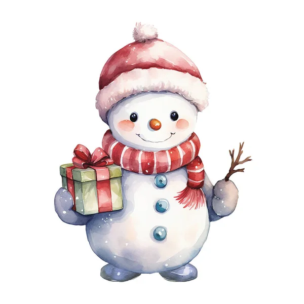 一个戴着红帽子 带着圣诞礼物的可爱雪人的水彩画圣诞主题 — 图库照片