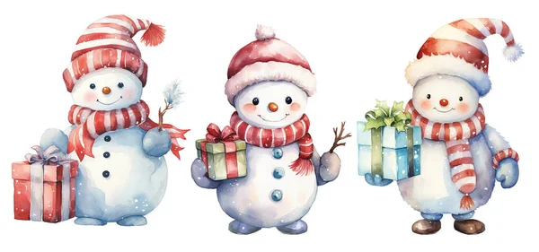 Акварельный Набор Рисунков Симпатичными Снеговиками Красной Шляпе Рождественским Подарком Рождественская — стоковое фото