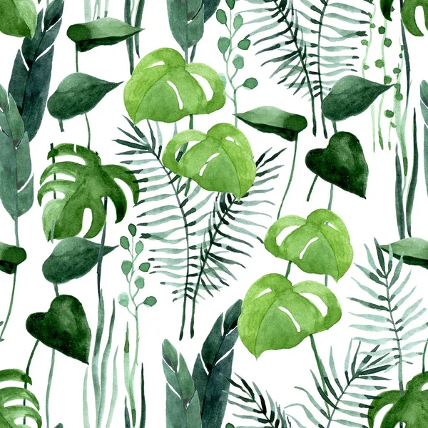 Бесшовный Тропический Узор Белом Фоне Листья Монстров Пальмы Джунгли Тропический — стоковое фото