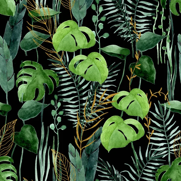 seamless tropical pattern on a dark background with golden elements, monstera leaves, palms. jungle, rainforest