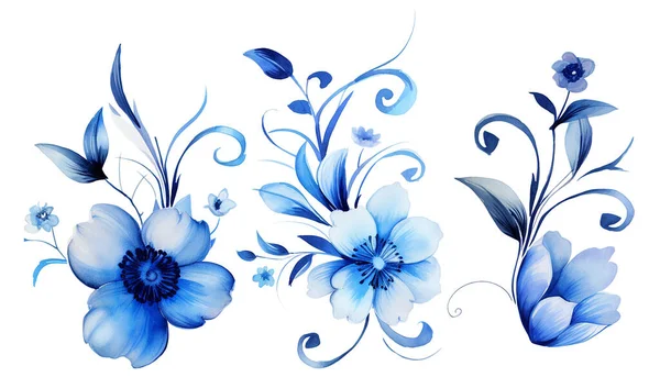 Watercolor Drawing Pattern Set Blue Flowers Leaves Ornament Porcelain Vintage — Stock Photo, Image