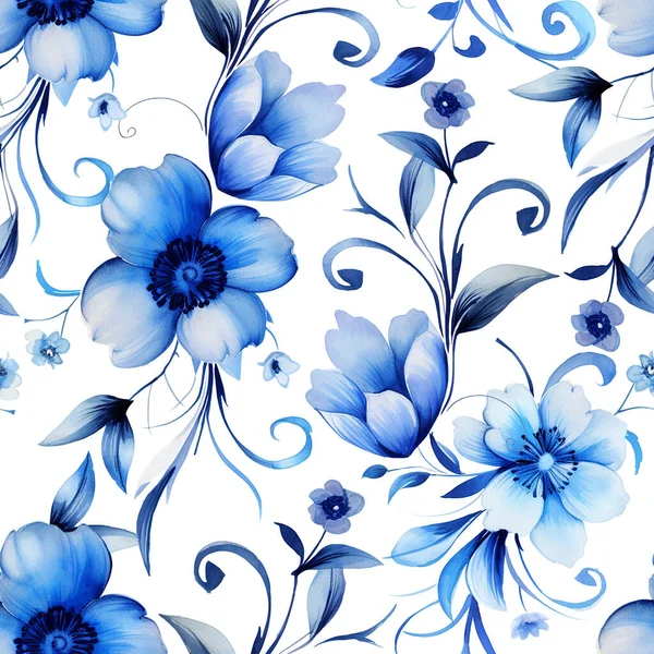 Watercolor Drawing Seamless Pattern Blue Flowers Ornament Porcelain Vintage Print — Stock Photo, Image
