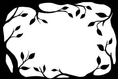 vektör çizimi, kara ve beyaz büyülü orman çerçevesi. Muhteşem, büyülü bir ormanın silueti. Cadılar Bayramı için tasarım. Kartlar için çerçeve, kitaplar.