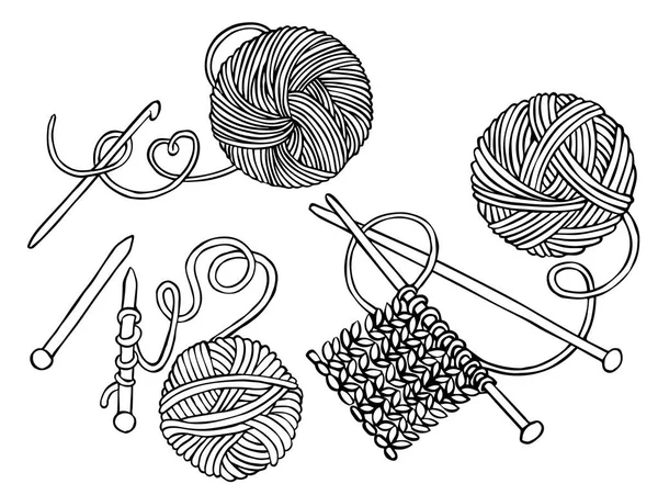 Linear Drawing Theme Knitting Ball Wool Skein Knitting Needles Doodle — Stock Vector