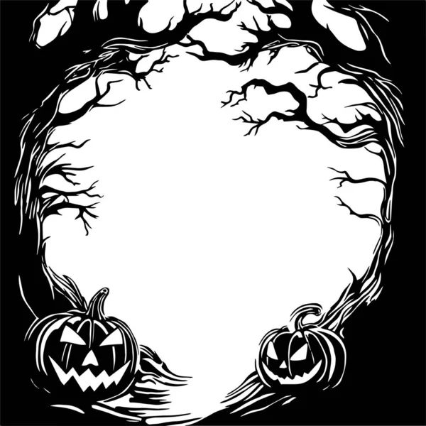 Векторный Рисунок Рамка Хэллоуина Черно Белый Шрифт Сказочным Лесом Тыквами — стоковый вектор