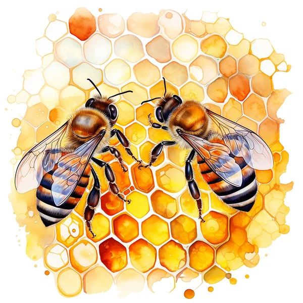 watercolor drawing. honeycombs and bees. illustration on the theme of beekeeping, farming, natural products