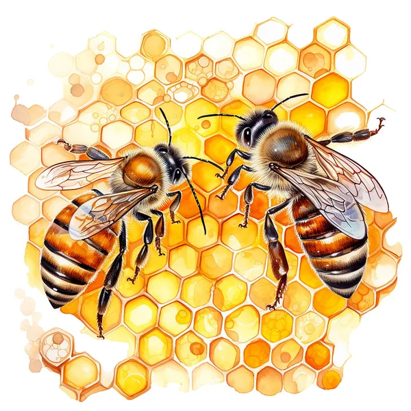 Akvarel Plástve Včely Ilustrace Téma Včelařství Zemědělství Přírodní Produkty — Stock fotografie