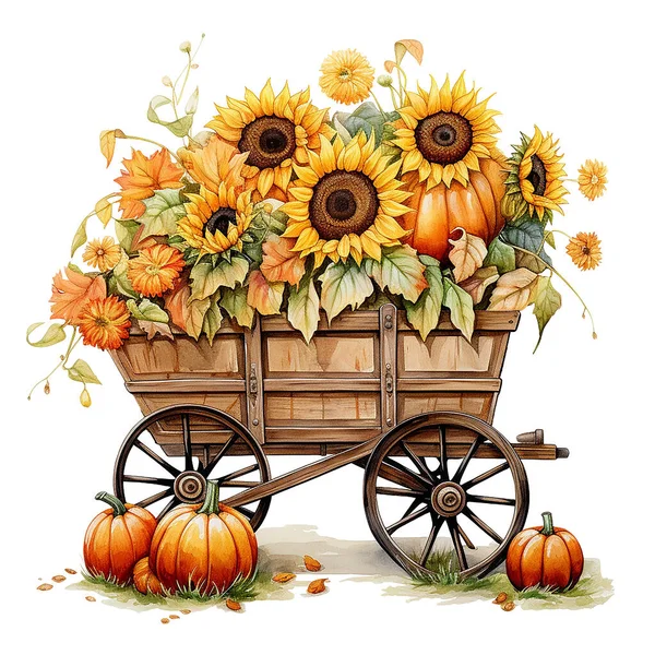 watercolor drawing. autumn wagon with harvest, with pumpkins and sunflower flowers in vintage style. thanksgiving card decoration, autumn, harvest festival