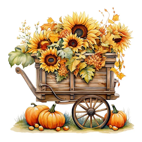 watercolor drawing. autumn wagon with harvest, with pumpkins and sunflower flowers in vintage style. thanksgiving card decoration, autumn, harvest festival