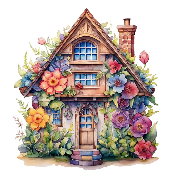 Suluboya Çizim Şirin Bir Çiçek Evi Eski Tarz Peri Evi — Stok fotoğraf