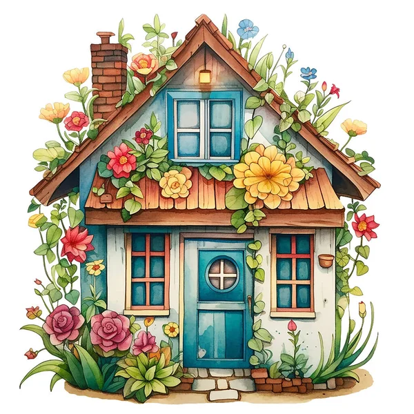 Suluboya Çizim Şirin Bir Çiçek Evi Eski Tarz Peri Evi — Stok fotoğraf