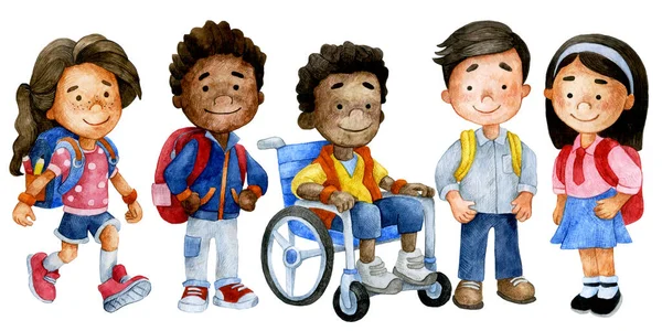 来自不同国籍的一群学童 主题回到学校 包容性 坐在轮椅上的孩子水彩画 — 图库照片