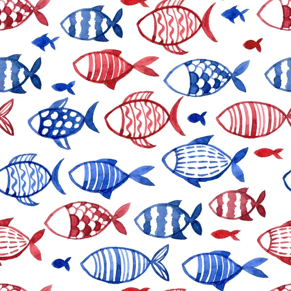 Balıklarla Suluboya Kusursuz Desen Beyaz Arka Planda Çocukların Basit Mavi — Stok fotoğraf