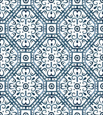 Suluboya kusursuz desenli arabesk. Mavi renkli oryantal geometrik süs, el çizimi