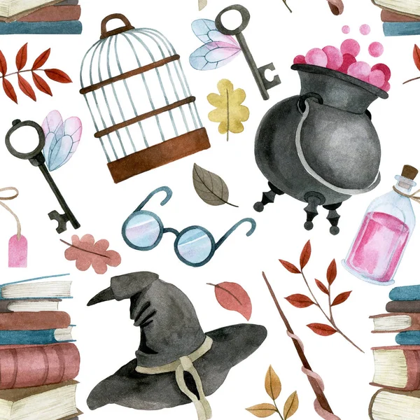 Watercolor Seamless Pattern Magic Items Witchcraft School Wizards — Stock Photo, Image