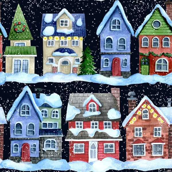 Suluboya Noel Sokağında Kusursuz Desenler Çiziyor Güzel Kışlık Evler Karanlık — Stok fotoğraf