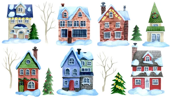 Acuarela Dibujo Conjunto Lindas Casas Navidad Árboles Navidad Árboles Calle —  Fotos de Stock