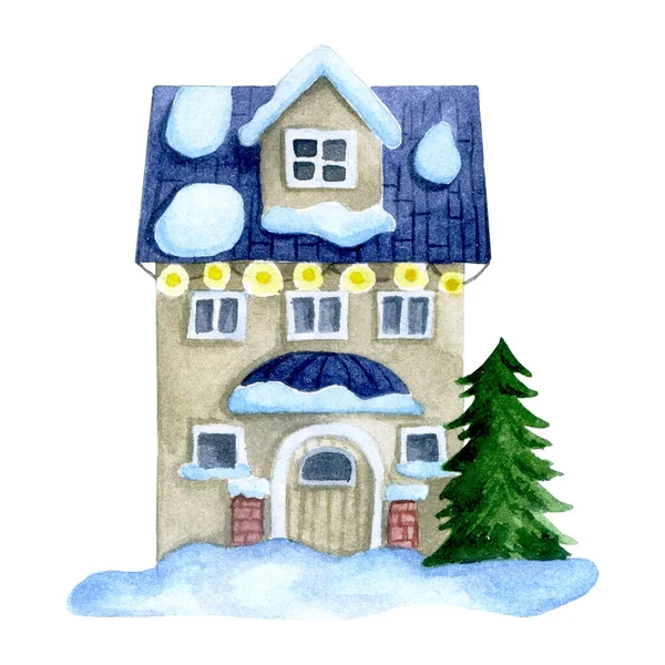 Watercolor Drawing Cute Christmas House Winter Street Vintage Style Fairy — Stock Photo, Image