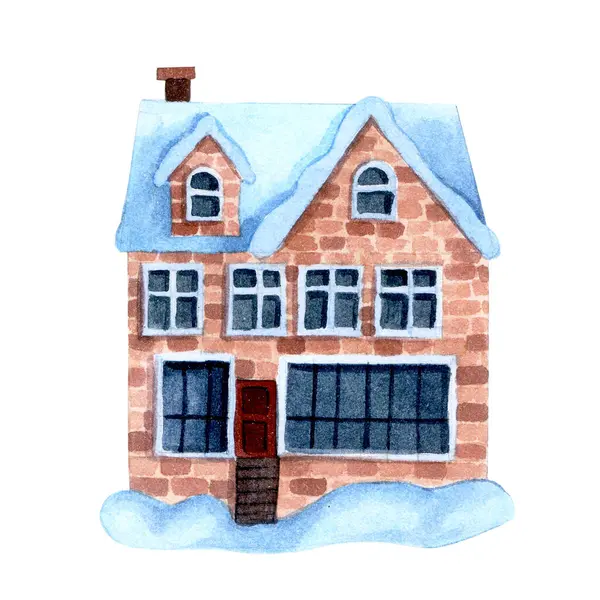 Watercolor Drawing Cute Christmas House Winter Street Vintage Style Fairy — Stock Photo, Image