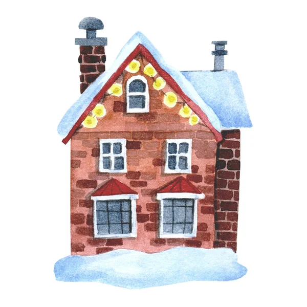 水彩画可爱的圣诞别墅 旧式的冬日街 — 图库照片