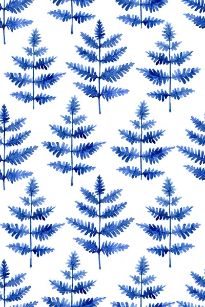 Nahtloses Aquarellmuster Mit Blauen Farnblättern Auf Weißem Hintergrund — Stockfoto