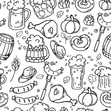 Oktoberfest temasında karalama tarzında vektörsüz desen. Ekim 'de bira, sosis, bira festivali gibi basit çizimler.