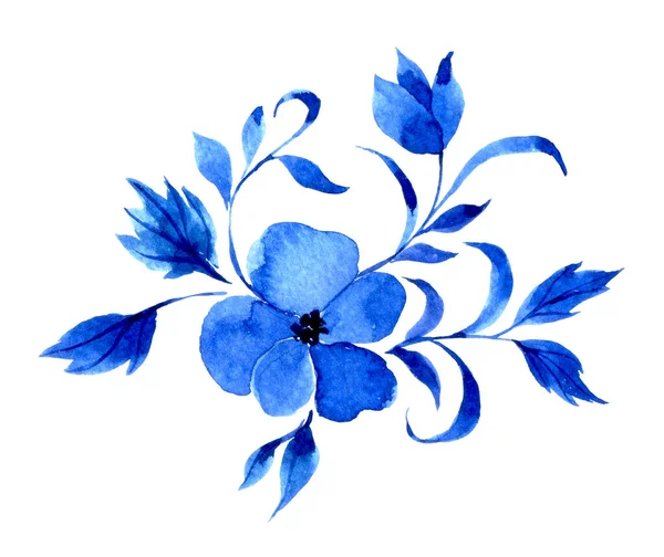 Aquarel Tekening Blauw Ornament Van Bloemen Bladeren Gzhel Abstracte Bloemen — Stockfoto