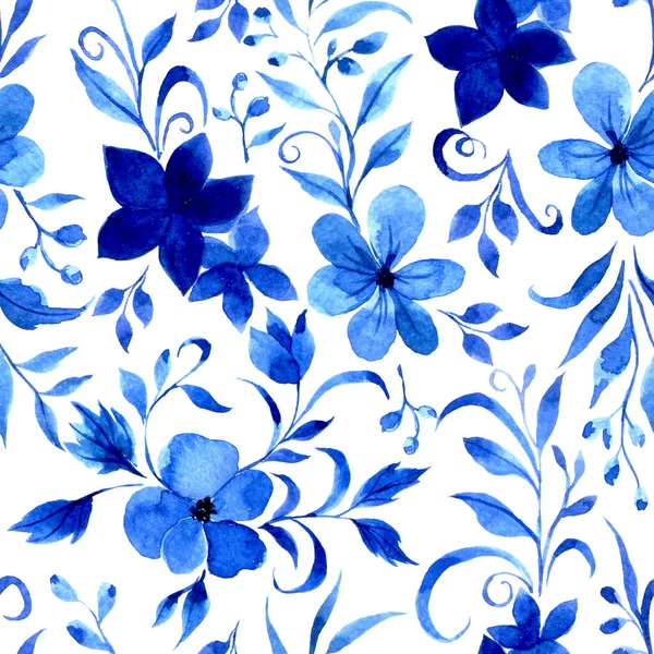 Dibujo Acuarela Patrón Sin Costuras Con Adorno Azul Flores Hojas —  Fotos de Stock