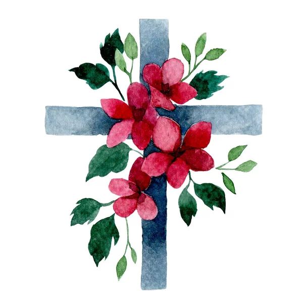 Watercolor drawing, Christian cross with flowers. religious symbol, Easter holiday.