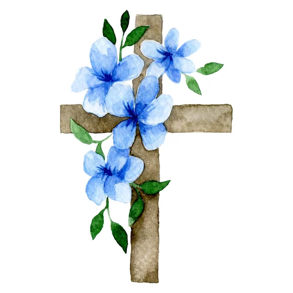 Watercolor drawing, Christian cross with flowers. religious symbol, Easter holiday.