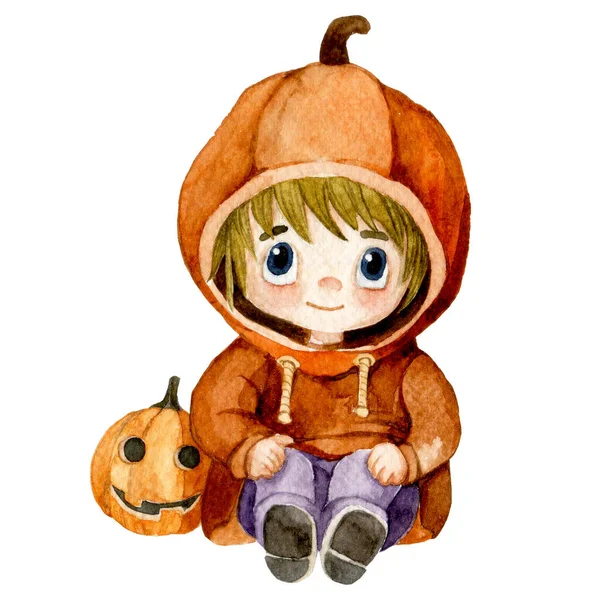 Rysunek Akwarela Uroczy Charakter Dziecka Stroju Dyni Halloween Kawaje — Zdjęcie stockowe