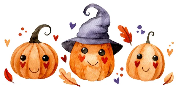Disegno Acquerello Set Simpatici Personaggi Zucche Halloween Kawaii — Foto Stock
