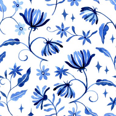 watercolor seamless pattern with fantastic blue flowers on a white background, ornament clipart