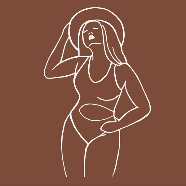 ビーチの水着の女性のベクター図 女性の体の概要 ラインアートスタイルの抽象描画 — ストックベクタ