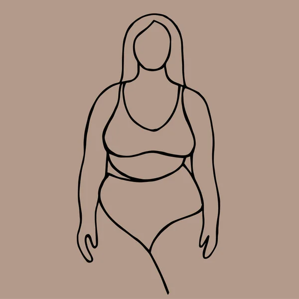 Şişman Bir Kadının Vektör Çizimi Çizgi Sanatı Vücut Pozitifliği Sembolü — Stok Vektör