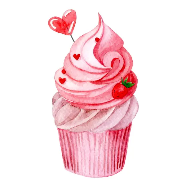 Watercolor Drawing Cute Cupcake Pink Cream Heart Illustration Valentine Day — Stock Photo, Image