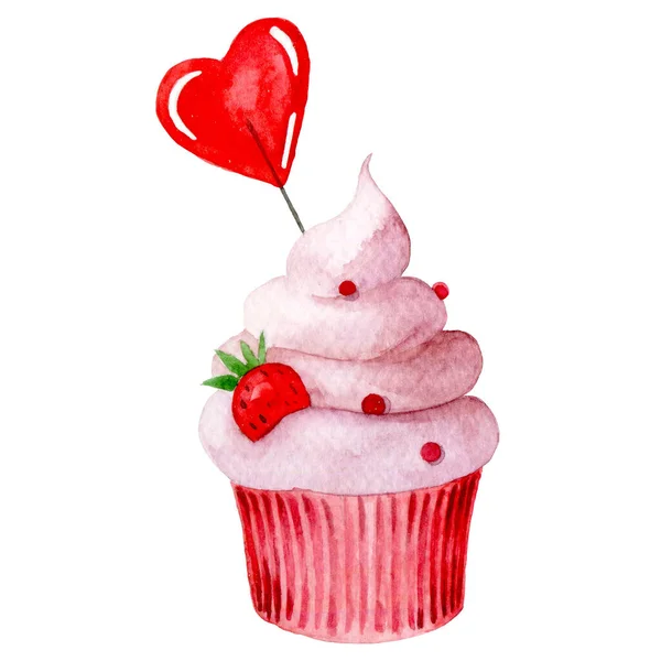 Disegno Acquerello Cupcake Carino Con Crema Rosa Cuore Illustrazione San — Foto Stock