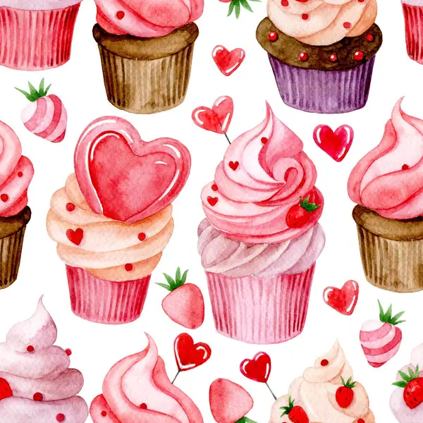 Dibujo Acuarela Patrón Sin Costuras Con Lindos Cupcakes Con Crema —  Fotos de Stock