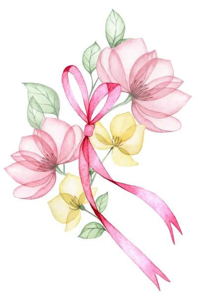 watercolor drawing pink ribbon and flowers. symbol of the fight against breast cancer. beautiful composition with pink flowers and ribbon