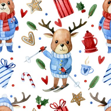 Suluboya kusursuz Noel şablonu, kış eğlencesi, geyik, hediyeler. Yeni yıl, kış