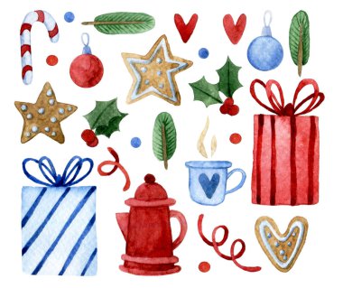 Suluboya resim, bir dizi Noel elementi. Hediyeler, zencefilli kurabiyeler, sıcak çikolata, şeker ve köknar dalları