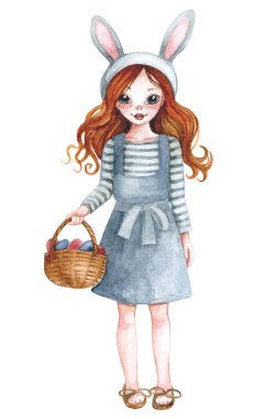 Suluboya resim, Paskalya için dekorasyon. Tavşan kulaklı ve bir sepet Paskalya yumurtası olan tatlı bir kız. Clipart, hatıra defteri
