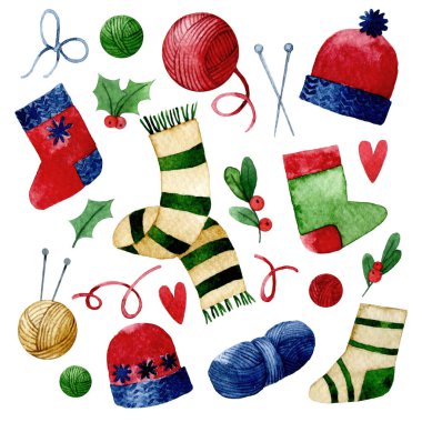 Güzel bir Noel örgü seti ve eski tarz dikiş elementleri. Suluboya, rahat bir Noel çizimi, kış. Çorap, şapka, atkı, iplik yumağı ve örgü iğneleri.