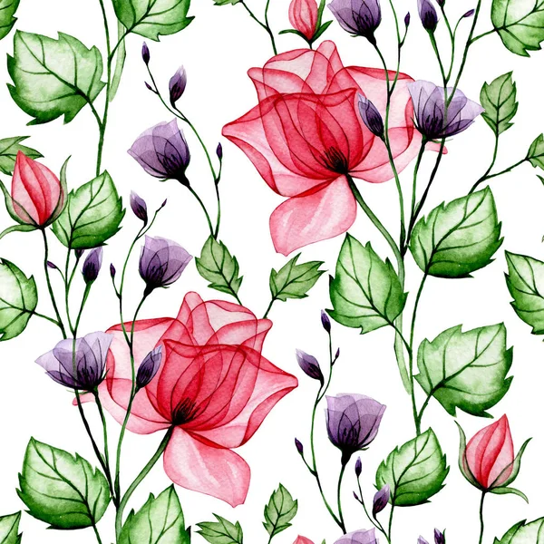 watercolor seamless pattern, with transparent flowers. pink and purple rose flowers, x-ray.