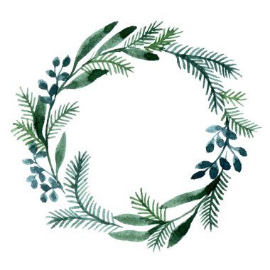 Suluboya çizim. Noel çelengi. Dal ve okaliptüs yapraklarından oluşan bir çelenk ile basit bir çizim.