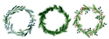 Suluboya çizimler, Noel çelenkleri. Yılbaşı çelenkleri, yeşil yapraklardan oluşan yuvarlak çerçeveler ve Noel ağacı dalları. Selamlamak için Noel klip sanatı