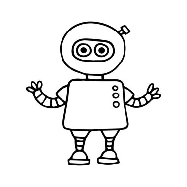 Karalama stilinde vektör çizimi, sevimli robot. Çocuklar için komik bir karakter, siyah beyaz çizgi çizimi.