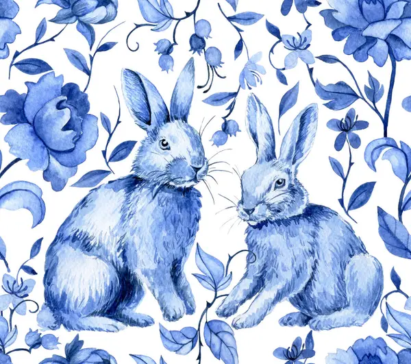 vintage seamless pattern with Easter bunnies and blue flowers, watercolor drawing in vintage style.